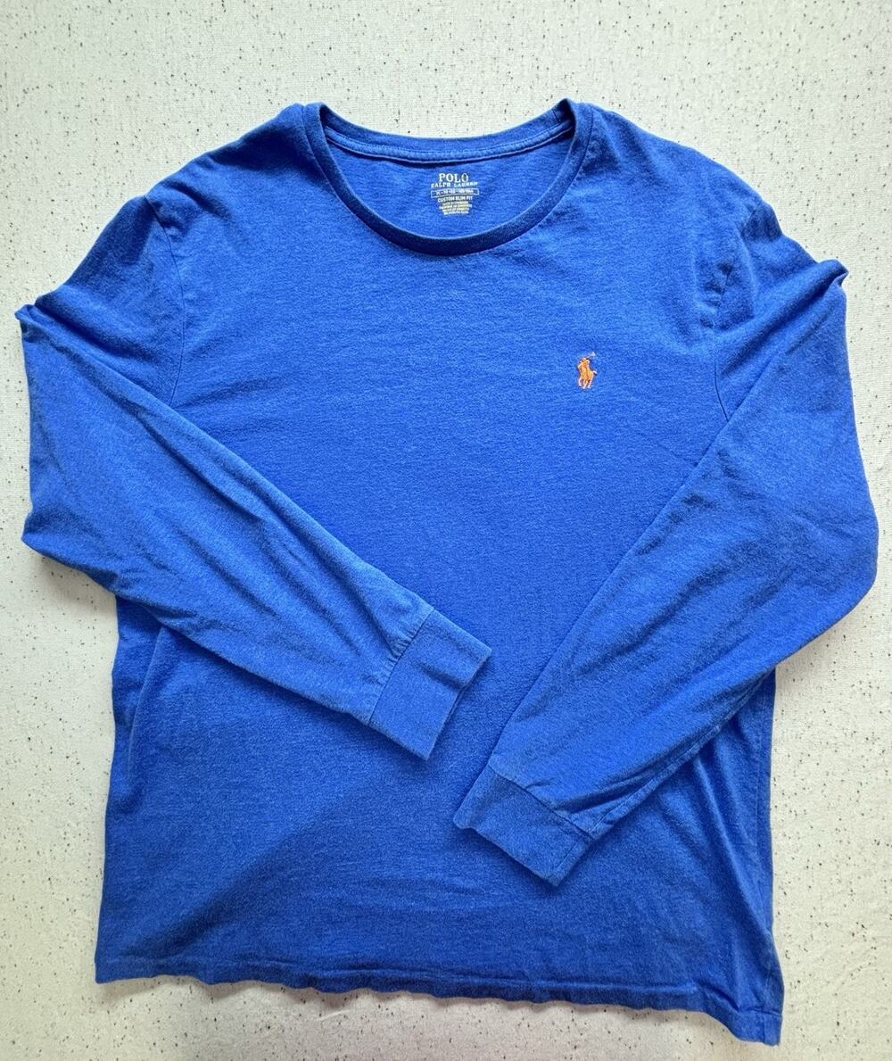 Polo Ralph Lauren Shirt Mens XL Custom Slim Fit Blue Long Sleeve Orange Pony Tee